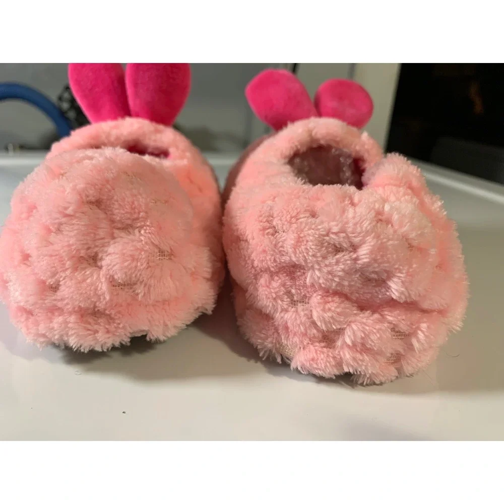 Kids Pink Bunny Slippers Plush Fuzzy Fleece EARS Size L 9 10